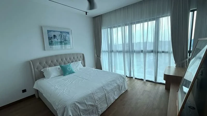 Bedroom features: king-size bed with upholstered headboard, white bedding, floor-to-ceiling windows, sheer curtains, wooden flooring, wall-mounted TV, side table, decorative artwork, dressing table, natural light, minimalist decor; style: modern; view: city.