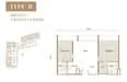 Floor plan: 2-bedroom 1-bathroom unit; features: open-plan kitchen-dining-living, master bedroom with ensuite bathroom, bedroom 2 with shared bathroom, balcony off living room, utility room, laundry area, central foyer.