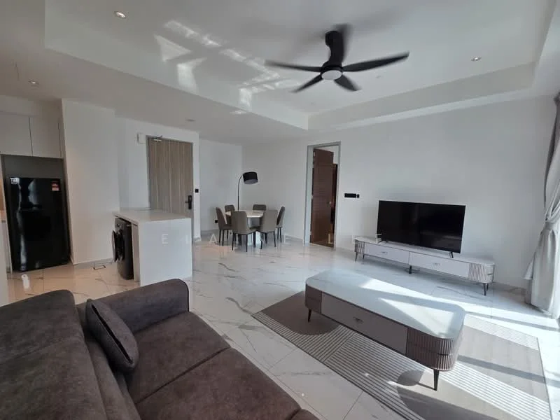 Living features: grey fabric sofa, coffee table, wall-mounted TV, TV console, 5-blade ceiling fan with light, recessed downlights, marble tile flooring, floor-to-ceiling windows, sheer curtains, dining table with chairs, kitchen island, black refrigerator, front-load washing machine; style: modern.