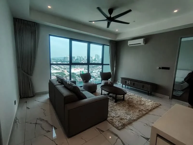 Living features: 3-seater fabric sofa in grey, coffee table, area rug with geometric pattern, wall-mounted TV, 5-blade ceiling fan with light, floor-to-ceiling windows, marble tile flooring, air conditioning unit, curtains, decorative wall paneling, city skyline view; style: modern; view: city.
