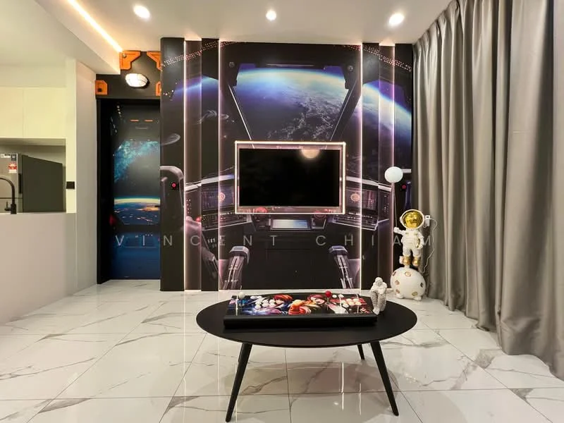 Living features: white marble tile flooring, grey curtains, feature wall with space-themed mural, wall-mounted TV, black coffee table, decorative items on coffee table, space-themed decor, ambient lighting; style: modern.