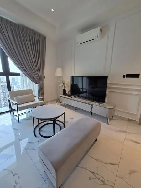 Living features: large floor-to-ceiling window, grey curtains, white walls with paneling, marble tile flooring, sofa bench in light beige, round coffee table with black metal base, TV console in light grey, wall-mounted flat-screen TV, decorative floor lamp, air conditioning unit on wall, indoor plant in decorative pot; style: modern; view: city.