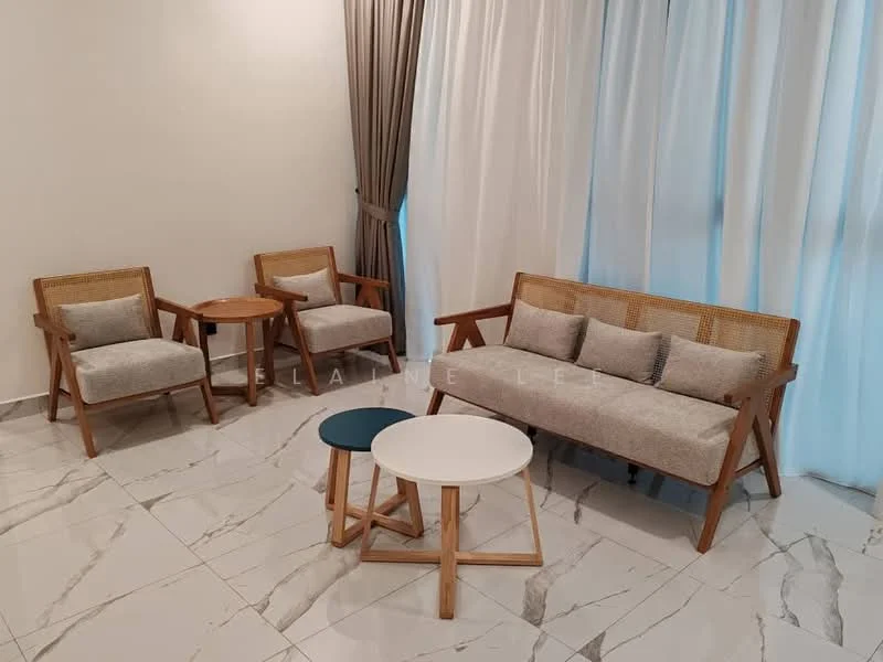 Living features: 3-seater wooden sofa with cushions, 2 armchairs with cushions, white round coffee table, blue round coffee table, wooden side table, marble tile flooring, floor-to-ceiling windows with sheer curtains, neutral wall color, decorative wall with no visible artwork; style: modern.