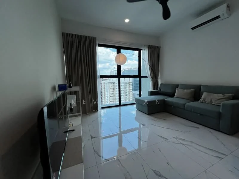 Living features: grey fabric sofa, large floor-to-ceiling window, white walls, marble tile flooring, ceiling fan, curtains, TV console, wall-mounted TV, decorative pendant light; style: modern; view: city.