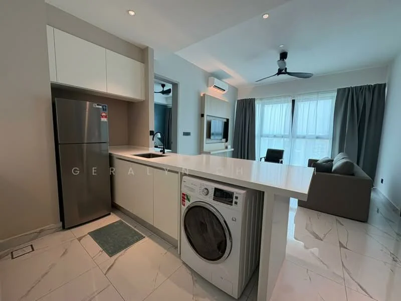Kitchen features: stainless-steel fridge, white cabinetry, marble countertop, single-bowl stainless-steel sink, chrome pull-down faucet, built-in washing machine, pendant light, recessed downlights, open layout, grey sofa, floor-to-ceiling windows, curtains, marble tile flooring; style: modern; view: city.