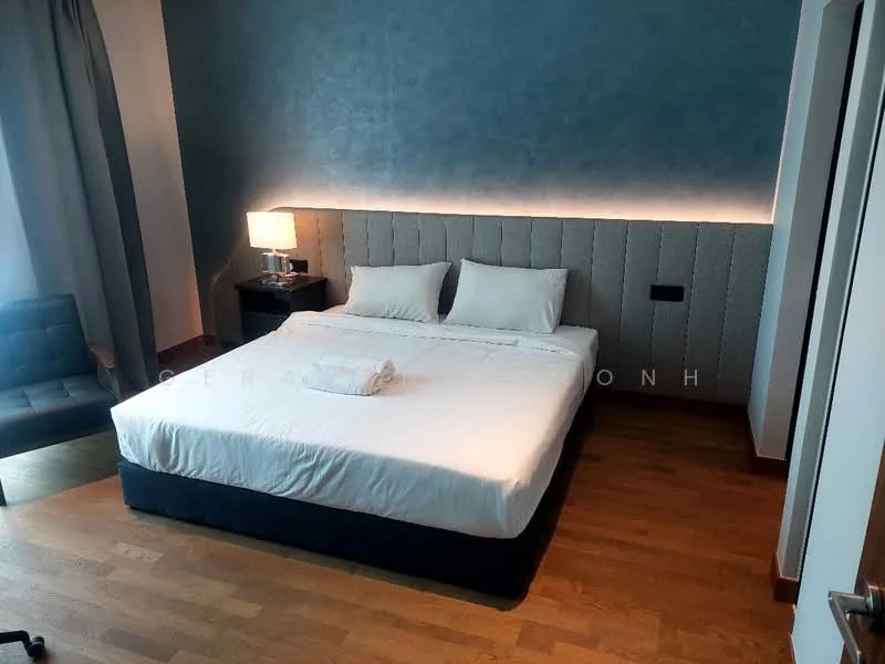Bedroom features: king-size bed, upholstered headboard, white bedding, wooden flooring, table lamp on nightstand, nightstand with drawer, grey accent wall, floor-to-ceiling curtains, decorative wall lighting; style: modern.