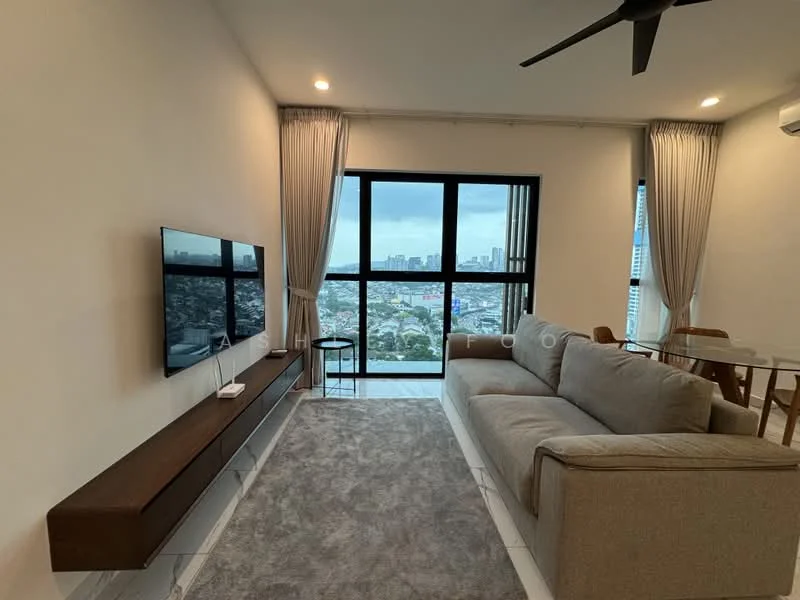 Living features: floor-to-ceiling windows, grey fabric sectional sofa, wooden TV console, wall-mounted TV, area rug with neutral color, recessed downlights, ceiling fan, sheer curtains, city skyline view; style: modern; view: city.