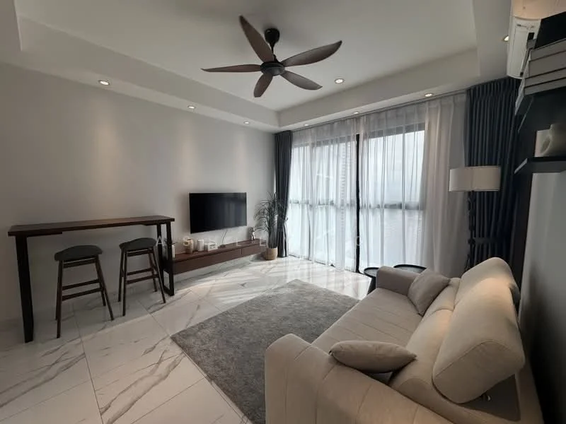 Living features: sofa in light beige fabric, 3-seater sofa, coffee table, TV console, wall-mounted TV, area rug in grey, 5-blade ceiling fan with light, floor-to-ceiling windows, sheer curtains, dark wood bar table, 2 bar stools, marble tile flooring, recessed downlights, decorative plant in pot; style: modern; view: city.