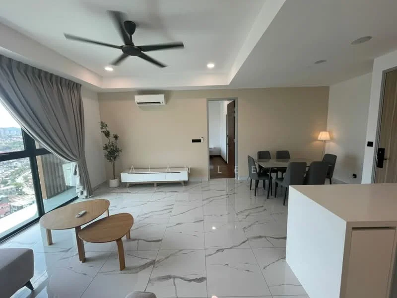 Living features: 5-blade ceiling fan with light, wall-mounted split AC, large floor-to-ceiling windows, grey curtains, white walls, marble tile flooring, light wood coffee table, light wood side table, grey fabric sofa, dining table with 4 chairs, decorative plant in pot, recessed downlights; style: modern; view: city.