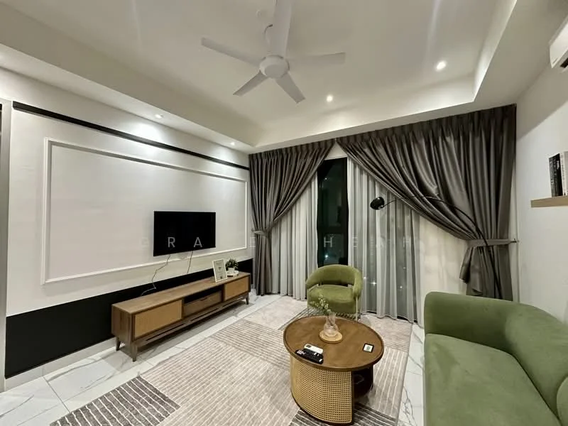 Living features: 5-blade ceiling fan with light, wall-mounted TV, wooden TV console, green fabric sofa, round coffee table, area rug with geometric pattern, floor-to-ceiling windows, sheer curtains, blackout curtains, decorative wall paneling, recessed lighting, marble tile flooring; style: modern.
