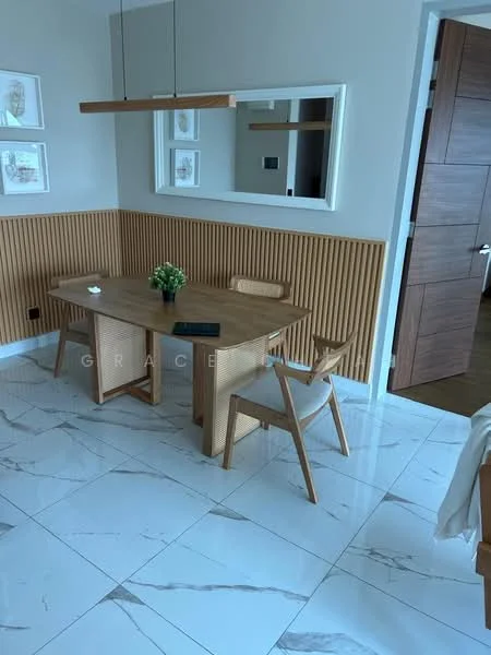 Dining features: wooden dining table, 4 wooden dining chairs, white marble tile flooring, wood paneling on walls, framed artwork on walls, mirror on wall, hanging light fixture, neutral wall color; style: modern.