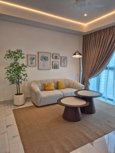Living features: 3-seater fabric sofa in cream, 2 round coffee tables with wooden bases, area rug in beige, floor lamp with adjustable arm, decorative houseplant in white pot, framed botanical artwork on walls, curtains in light brown, recessed LED ceiling lights, marble tile flooring, floor-to-ceiling windows; style: modern; view: city.