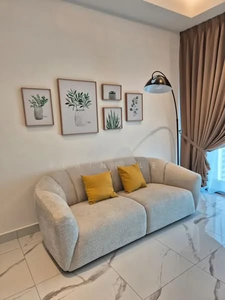 Living features: beige fabric 2-seater sofa, yellow accent cushions, marble tile flooring, white painted walls, floor-to-ceiling windows, sheer curtains, framed botanical artwork, modern floor lamp; style: modern.