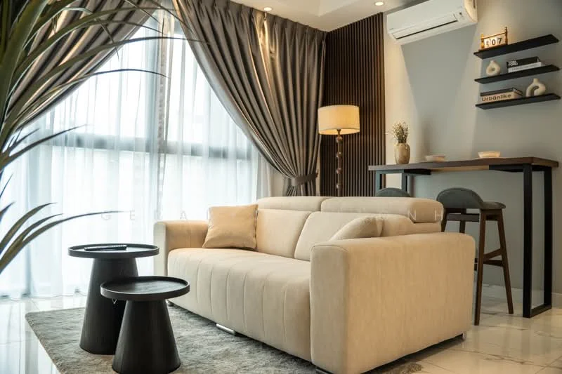 Living features: 3-seater fabric sofa in beige, 2 black side tables, area rug with geometric pattern, floor-to-ceiling windows with sheer curtains, recessed downlights, wall-mounted shelf with decorative items, lampshade floor lamp, wall with wood paneling, split air conditioning unit; style: modern.