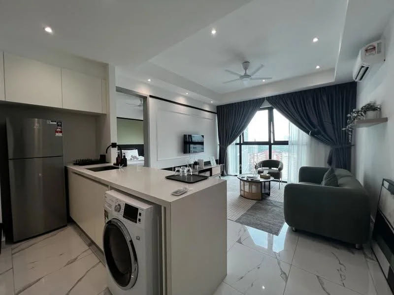 Kitchen features: white cabinetry, marble countertop, stainless-steel fridge, built-in oven, 4-burner gas hob, single-bowl stainless-steel sink, chrome pull-down faucet, washing machine, open shelving; style: modern. Living features: 3-seater fabric sofa in green, coffee table, wall-mounted TV, area rug, ceiling fan, floor-to-ceiling windows, curtains, decorative plant; style: modern; view: city.