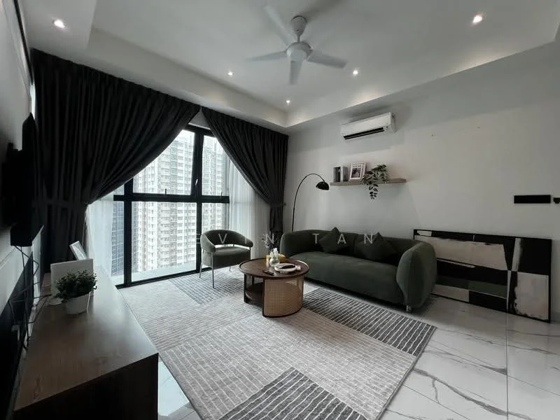 Living features: 3-seater fabric sofa in green, round coffee table, TV console, wall-mounted TV, area rug with geometric pattern, floor-to-ceiling windows, curtains, ceiling fan with light, recessed downlights, marble tile flooring, decorative wall art, plant in ceramic pot; style: modern; view: city.