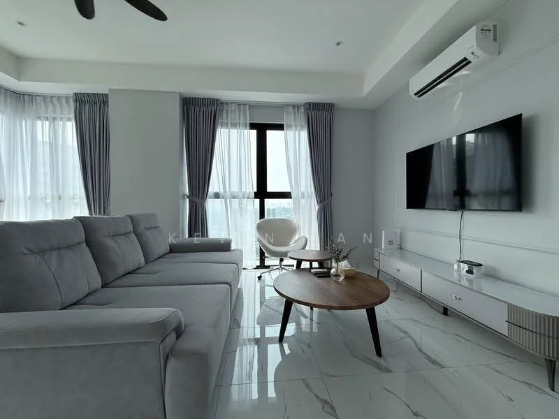 Living features: grey fabric sectional sofa, round wooden coffee table, wall-mounted flat-screen TV, white TV console, floor-to-ceiling windows, sheer curtains, recessed downlights, marble tile flooring, ceiling-mounted air conditioning unit, decorative wall paneling; style: modern; view: city.
