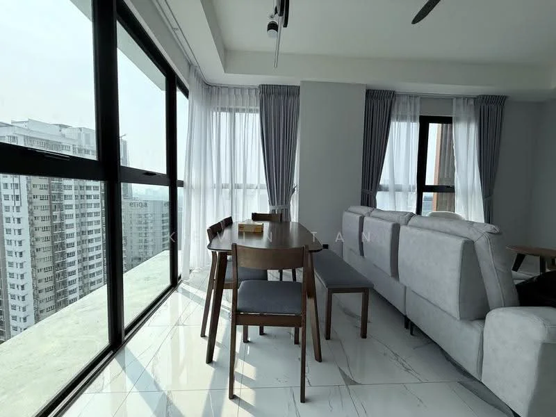 Living features: floor-to-ceiling windows, grey curtains, white walls, marble tile flooring, 5-blade ceiling fan, L-shape sectional sofa in light grey, wooden dining table, 4 wooden dining chairs, decorative wall art, recessed downlights; style: modern; view: city.