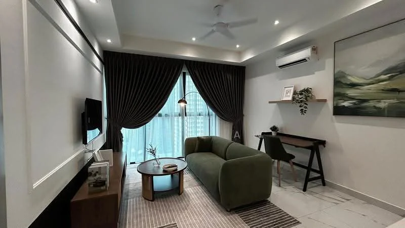 Living features: green fabric sofa, round wooden coffee table, TV mounted on wall, floor-to-ceiling windows, sheer curtains, dark brown curtains, ceiling fan, recessed downlights, wooden study desk, black dining chair, decorative wall art, marble tile flooring, area rug with geometric pattern; style: modern; view: city.