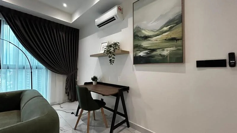 Room features: green fabric sofa, wooden desk, black wall-mounted remote control, air conditioning unit, framed artwork with landscape, shelf with potted plant, floor-to-ceiling windows with sheer curtains, marble tile flooring, dark brown curtains; style: modern; view: city.