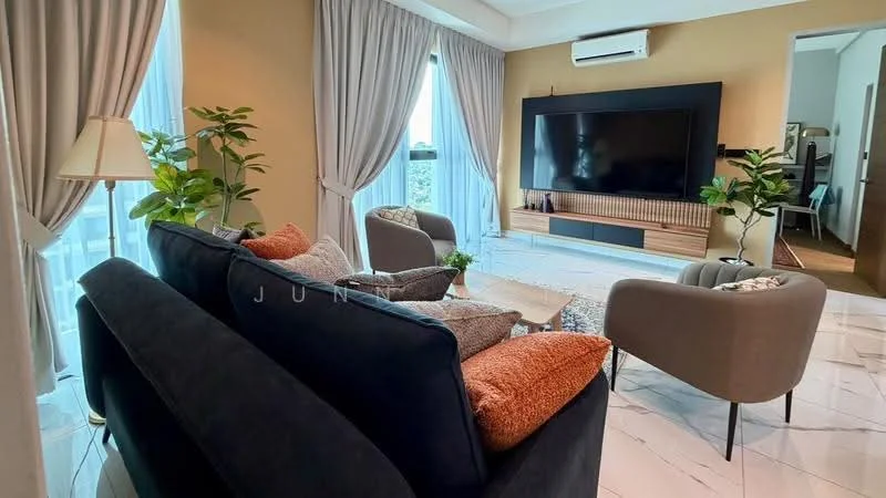 Living features: 3-seater fabric sofa in dark grey, 2 accent chairs in light grey, coffee table with wooden base, area rug with geometric pattern, wall-mounted flat-screen TV, media console with wooden finish, floor-to-ceiling windows with sheer curtains, recessed downlights, 1 wall-mounted split AC, decorative houseplants in ceramic pots; style: modern; view: city.