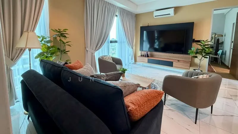 Living features: 3-seater fabric sofa in dark grey, 2 armchairs in light grey, coffee table with decorative items, large wall-mounted TV, wooden TV console with storage, marble tile flooring, floor-to-ceiling windows with sheer curtains, potted indoor plants, decorative throw pillows, air conditioning unit on ceiling, light-colored accent wall; style: modern; view: city.