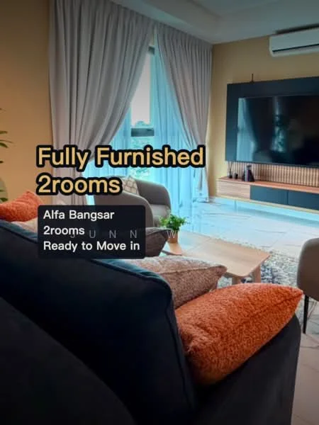 Living features: large wall-mounted TV, sofa with cushions, coffee table, light-colored curtains, wooden flooring, decorative throw pillows, air conditioning unit, wall-mounted storage unit, area rug; style: modern.