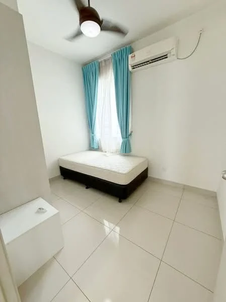 Bedroom features: single bed frame, mattress, white walls, light grey tiled flooring, ceiling fan with light, floor-to-ceiling window, sheer curtains in light blue, air conditioning unit, nightstand in white; style: modern.