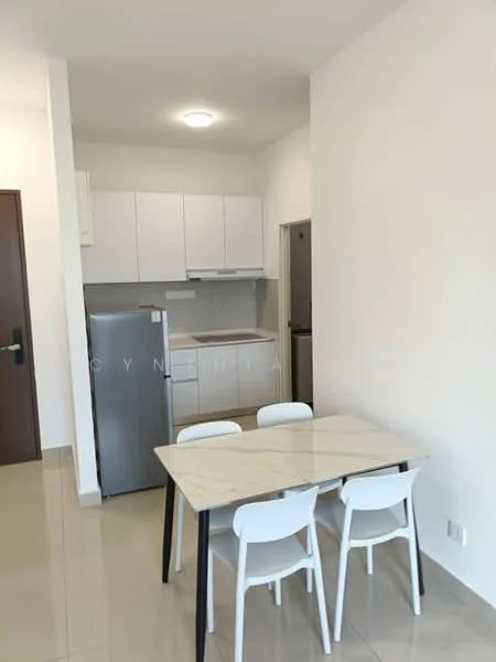 Kitchen features: white cabinetry, marble countertop, stainless-steel fridge, built-in oven, ceramic tile flooring, recessed ceiling light, single-bowl stainless-steel sink, chrome pull-down faucet, 4-burner gas hob, dining table with 4 white chairs; style: modern.