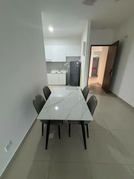 Dining features: marble dining table, 4 upholstered dining chairs, white painted walls, tile flooring, recessed downlights, open-plan layout to kitchen, fridge visible in kitchen area; style: modern. Kitchen features: white cabinetry, stainless-steel fridge, countertop with backsplash, kitchen sink, built-in oven, cooking hob; style: modern.