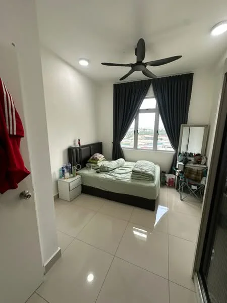 Bedroom features: queen-size bed with green bedding, upholstered headboard, 2 bedside tables, floor-to-ceiling window, blackout curtains, 5-blade ceiling fan, mirror with frame, tile flooring, white painted walls, decorative items on bedside table; style: modern; view: city.