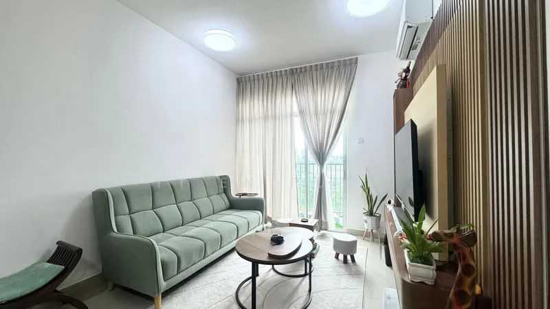Living features: green fabric 3-seater sofa, round wooden coffee table, flat-screen TV on wooden console, floor-to-ceiling windows with sheer curtains, light grey tile flooring, wall-mounted air conditioning unit, decorative plants in pots, wooden accent wall; style: modern; view: city.