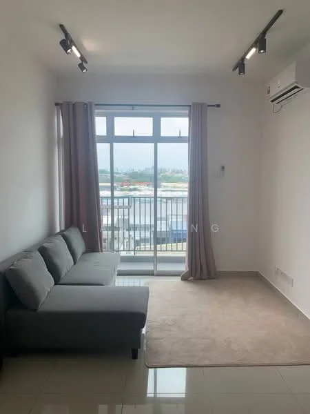 Living features: grey fabric sofa, light beige area rug, floor-to-ceiling windows, sliding glass door, curtains in light pink, recessed LED downlights, wall-mounted split AC, glossy tile flooring, white painted walls; style: modern; view: city.