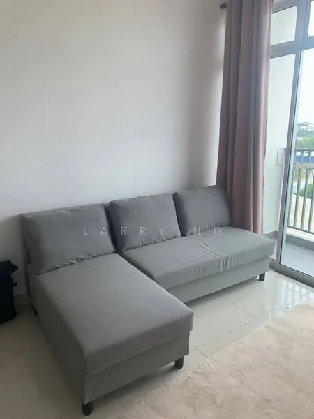 Living features: L-shape sectional sofa in grey, light-coloured wall, floor-to-ceiling windows, curtains in beige, tile flooring, balcony access, neutral decor, minimalist style; style: minimalist.