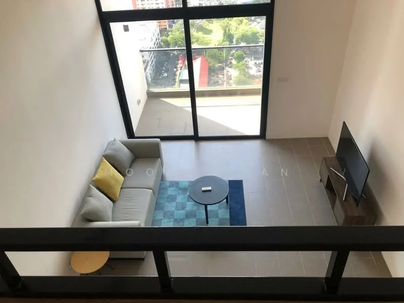Living features: grey fabric sofa, yellow accent cushion, round black coffee table, TV console, wall-mounted TV, area rug with geometric pattern, floor-to-ceiling windows, city view, light-colored walls, tile flooring; style: modern; view: city.