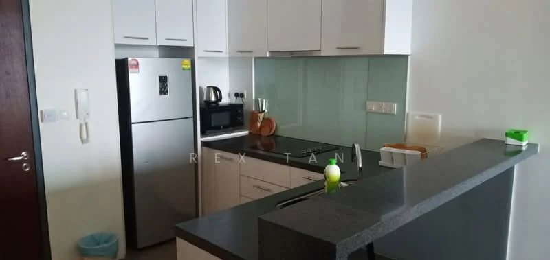 Kitchen features: white cabinetry, black granite countertop, stainless-steel fridge, built-in microwave, black glass cooktop, kettle, sink with chrome faucet, under-cabinet lighting, green countertop organizer, tile backsplash, waste bin, open shelving; style: modern.
