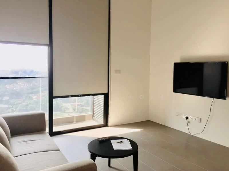 Living features: large floor-to-ceiling window, roller blinds, light-colored walls, light-colored flooring, sofa in beige, round black coffee table, wall-mounted TV, cable management system, minimalist decor; style: modern; view: city.