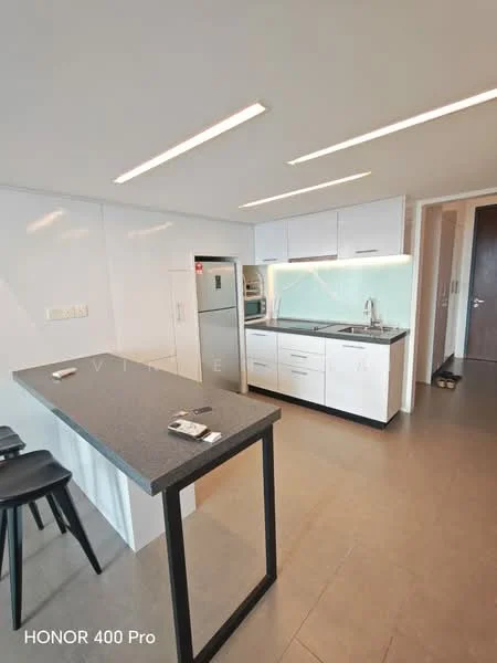 Kitchen features: white cabinetry, black granite countertop, stainless-steel fridge, built-in oven, stainless-steel sink, chrome pull-down faucet, ceramic tile flooring, recessed LED downlights, bar seating with black stools, glass backsplash, wall-mounted microwave; style: modern.