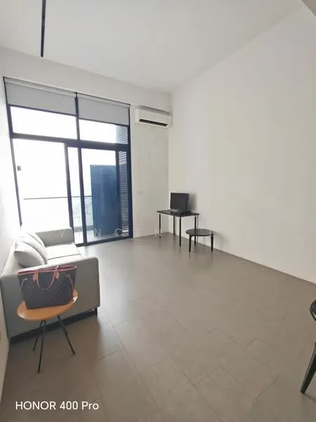 Living features: grey fabric sofa, floor-to-ceiling windows, sliding glass door, wall-mounted TV, air conditioning unit, light-colored walls, tile flooring, small side table, black metal dining table, minimalist decor; style: modern; view: city.
