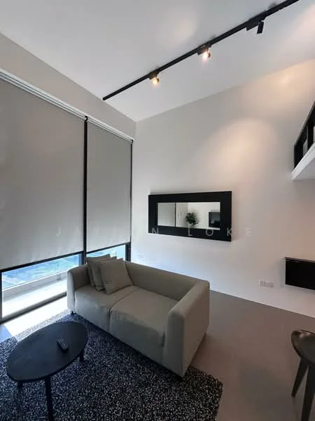 Living features: grey fabric sofa, black round coffee table, area rug with textured pattern, floor-to-ceiling windows, roller blinds, track lighting, wall-mounted mirror, neutral painted walls, light grey flooring; style: modern; view: city.