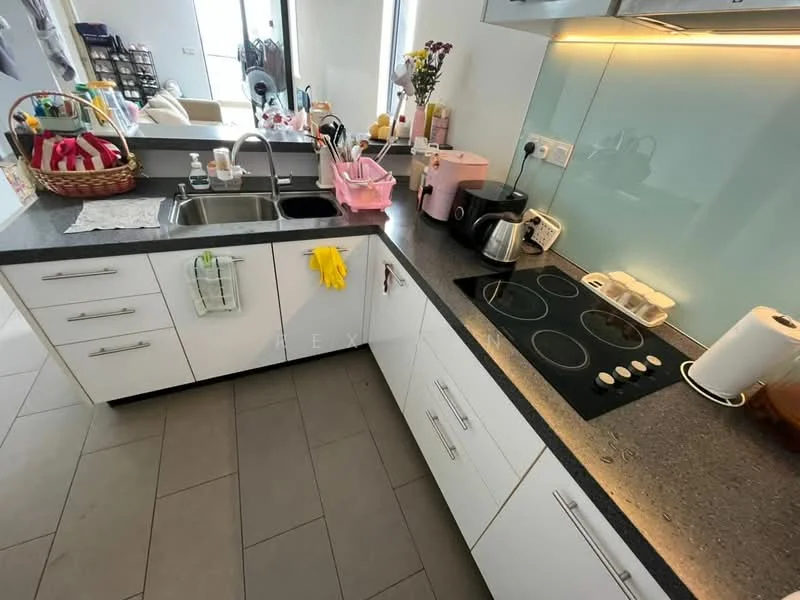 Kitchen features: granite countertop, white shaker cabinets, stainless-steel sink, chrome pull-down faucet, built-in electric cooktop, kitchen appliances in pink, dish rack, kitchen towels, decorative flowers, countertop storage containers, grey tile flooring, wall-mounted cabinets; style: modern.