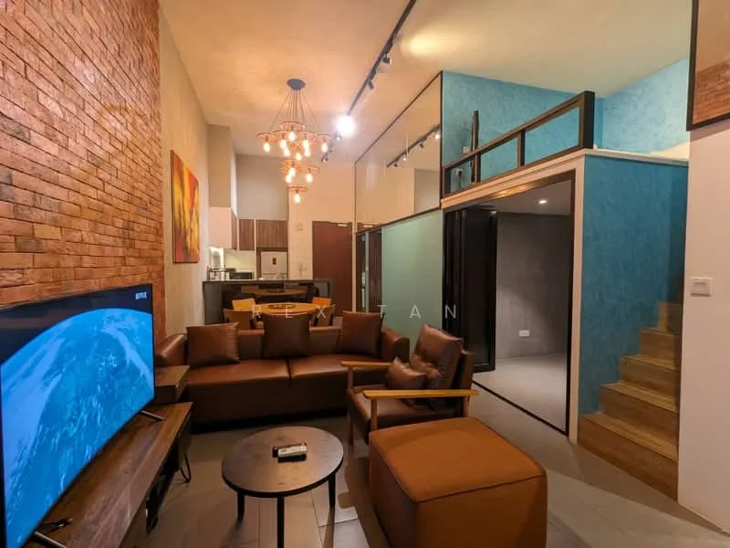 Living features: exposed brick wall, cream painted walls, sofa in brown leather, 2-seater fabric sofa in beige, coffee table, wall-mounted TV, wooden TV console, pendant light fixture, area rug with geometric pattern, wooden armchair, open-plan layout to kitchen, staircase with wooden steps; style: modern. Kitchen features: kitchen island, wood cabinetry, stainless-steel appliances, open shelving, tile backsplash; style: modern.