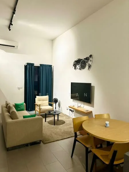 Living features: beige fabric sofa, 2-seater armchair, round coffee table, wall-mounted TV, wooden TV console, area rug, floor-to-ceiling windows, blackout curtains, 1 wall-mounted split AC, decorative wall art, recessed lighting, light-colored walls, tile flooring; style: modern. Dining features: round dining table, 4 dining chairs, light-colored tabletop, wooden legs, decorative centerpiece; style: modern.
