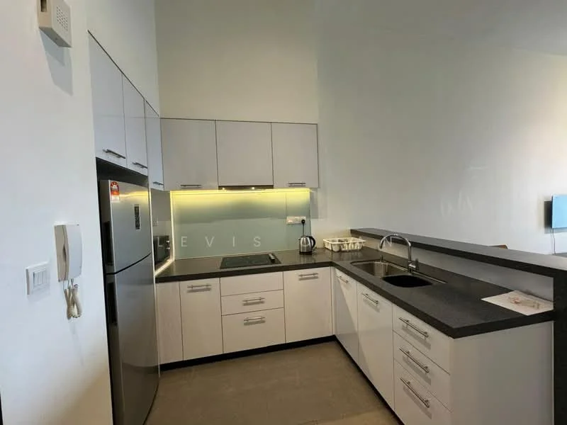 Kitchen features: white cabinetry with flat-panel doors, black granite countertop, stainless-steel single-bowl sink, chrome pull-down faucet, built-in electric cooktop, stainless-steel refrigerator, microwave, under-cabinet lighting, tile backsplash, wall-mounted kitchen cabinet, open shelving, kitchen island with seating, grey tile flooring; style: modern.