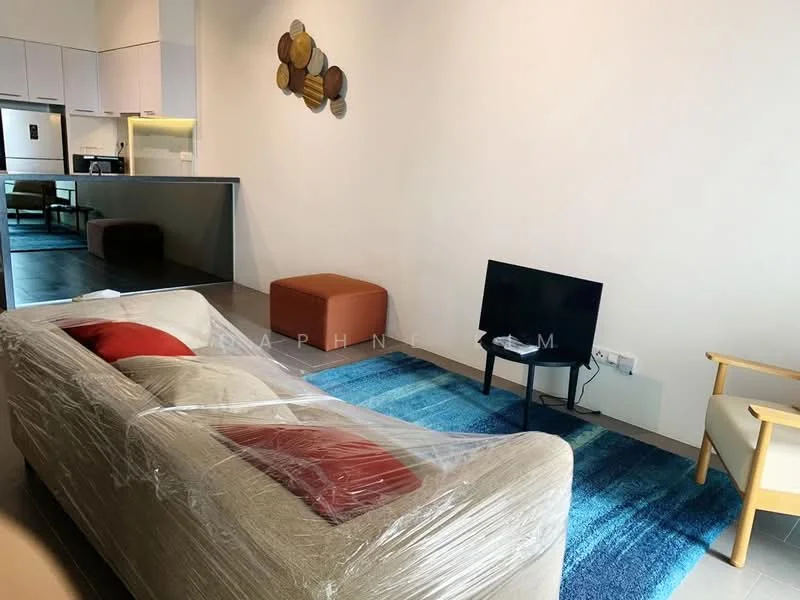 Living features: 3-seater fabric sofa in cream with red cushions, coffee table, TV console, wall-mounted TV, area rug with geometric pattern in blue, accent chair in wood, decorative wall art, light grey walls, laminate flooring, recessed downlights; style: modern.