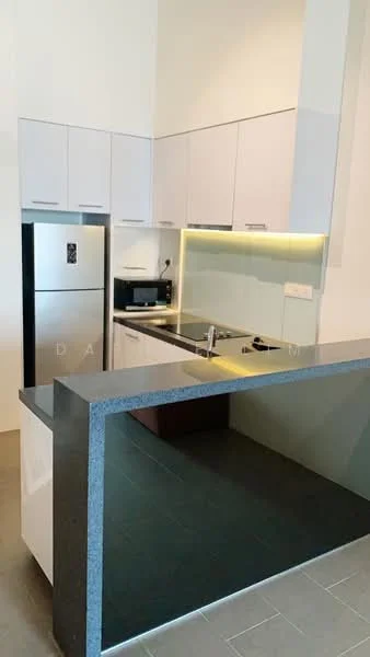 Kitchen features: stainless-steel fridge, built-in microwave, black countertop, white upper cabinets, grey lower cabinets, undermount sink, chrome pull-down faucet, LED under-cabinet lighting, ceramic tile flooring, open layout, kitchen island with seating, wall-mounted cabinets; style: modern.