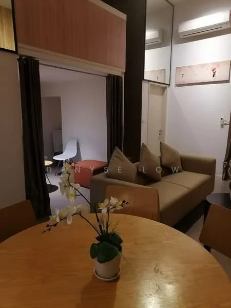 Living features: sofa with cushions, wooden dining table, dining chairs, decorative plant in vase, wall-mounted air conditioning unit, light-colored walls, wood paneling, flooring with light tiles; style: modern. Room features: additional seating area, light-colored walls, wall-mounted air conditioning unit.