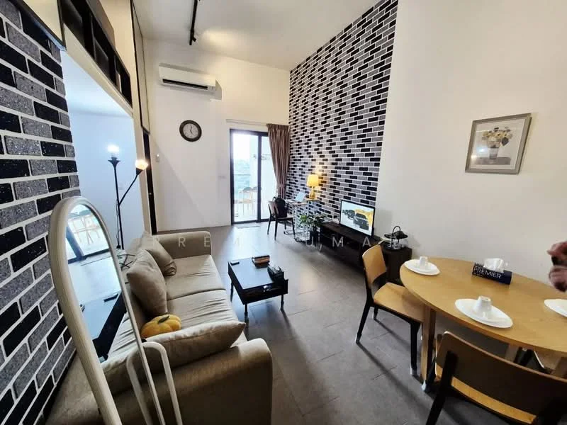 Living features: grey fabric sofa, wooden coffee table, TV console, wall-mounted TV, black accent wall with brick pattern, light fixture, floor-to-ceiling window, curtains, dining table with chairs, decorative wall clock, laminate flooring, air conditioning unit; style: modern; view: city.
