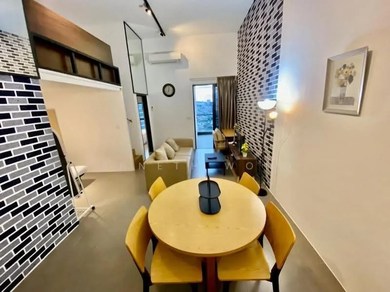 Dining features: round wooden dining table, 4 yellow upholstered dining chairs, black placemat, grey accent wall with black and white brick pattern, floor-to-ceiling window, curtains, recessed downlights, light fixture, open layout to living area, concrete flooring; style: modern; view: city. Living features: beige fabric sofa, coffee table, floor-to-ceiling window, curtains, wall-mounted artwork, open layout to dining area, recessed downlights, concrete flooring; style: modern; view: city.