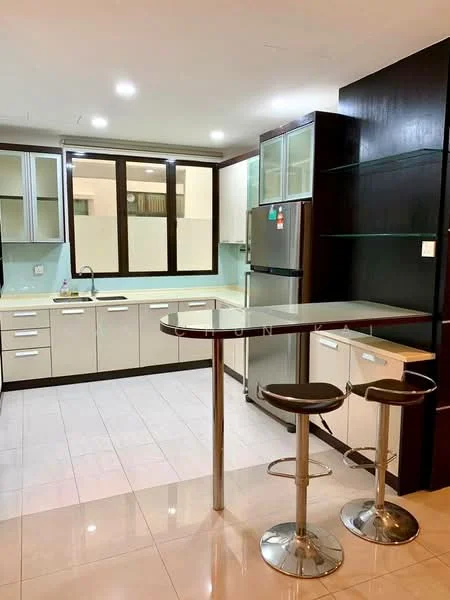 Kitchen features: white cabinetry with flat-panel doors, black countertop, stainless-steel fridge, single-bowl stainless-steel sink, chrome pull-down faucet, ceramic tile flooring, recessed downlights, window with view to outside, bar counter with two stools, glass-front upper cabinets; style: modern.
